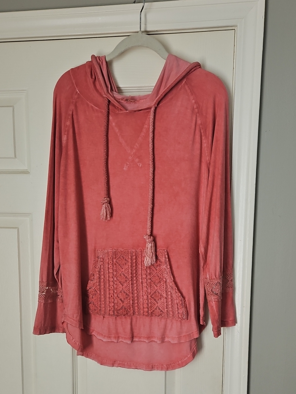 POL Washed Pink Hooded Pullover with Tassel Drawstrings